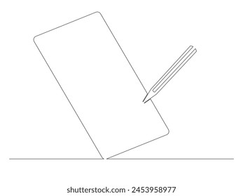 Una línea (arte lineal) de hoja de papel con lápiz o lápiz en ella, también se parece a la tableta (gadget, touchpad) con lápiz en ella. Aislado sobre fondo blanco (fondo). Ilustración vectorial.