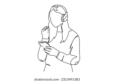 one line art side view beautiful woman relaxing and happily listening to music smiling woman enjoying music on tech equipment illustration hand drawn vector