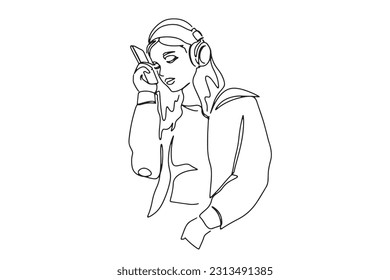 one line art side view beautiful woman relaxing and happily listening to music smiling woman enjoying music on tech equipment illustration hand drawn vector