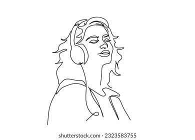 one line art side view beautiful woman relaxing and happily listening to music smiling woman enjoying music on tech equipment illustration hand drawn vector