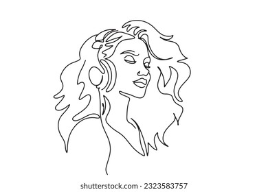 one line art side view beautiful woman relaxing and happily listening to music smiling woman enjoying music on tech equipment illustration hand drawn vector