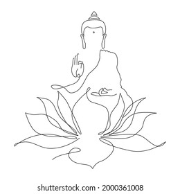 One line art silhouette of buddha and lotuse flower isolated on white background for logo, greeting cards, business card. One continuous line drawn Buddha statue Buddhist character.