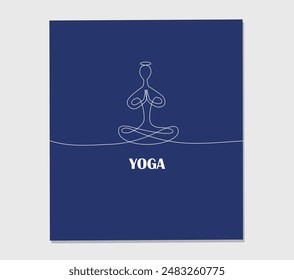 One line art silhouette of buddha isolated on blue background for logo. One continuous line drawn yoga statue in lotuse pose