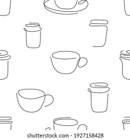 One line art style cup of coffee seamless pattern. Abstract creative food in minimalism design. Hand drawn vector illustration.