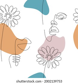 One line art style Gerber flowers and faces seamless pattern. Abstract creative drawings in minimalism design. Hand drawn vector illustration.