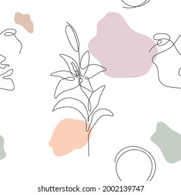 One line art style lily flower and faces seamless pattern. Abstract creative food in minimalism design. Hand drawn vector illustration.