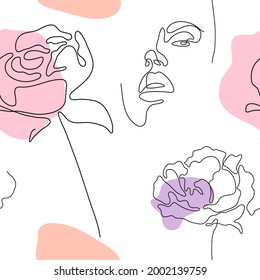 One line art style peony flower and faces seamless pattern. Abstract creative food in minimalism design. Hand drawn vector illustration.