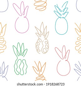 One line art style a pineapple seamless pattern. Abstract creative food in minimalism design. Hand drawn vector illustration.