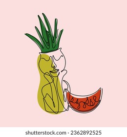 One line art style potted aloe plant and watermelon. Continuous line colorful vector illustration for textile print, logo, menu, card.