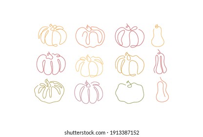One line art style pumpkin. Abstract creative food in minimalism design. Hand drawn vector illustration. 