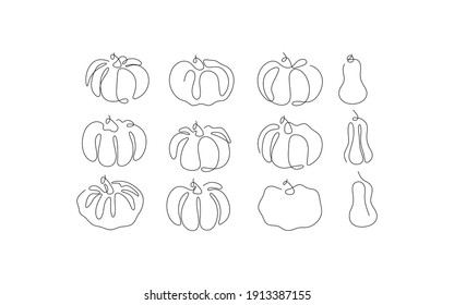 Calabaza de estilo de arte de una línea. Resumen de comida creativa en diseño minimalista. Ilustración vectorial dibujada a mano. 
