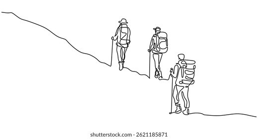 One Line Art Style Three People Hiking Together Backpacks Walking Sticks. Mountain Adventure Minimalist Vector.