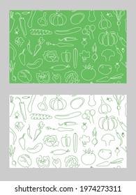 One line art style vegetables seamless pattern. Abstract creative food in minimalism design. Hand drawn vector illustration.