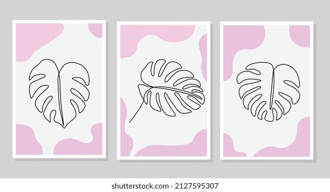 una línea de tres hojas de monstera con fondo rosa listo para imprimir. adecuado para la decoración, papel pintado, afiche, decoración, fondo, etc.