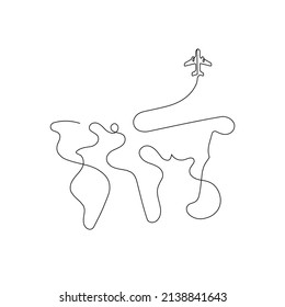One line Art. Travel by plane concept with top view airplane silhouette with single line path shaped world map behind it. Isolated on white background. Travel or vacation concept. Minimalistic vector 