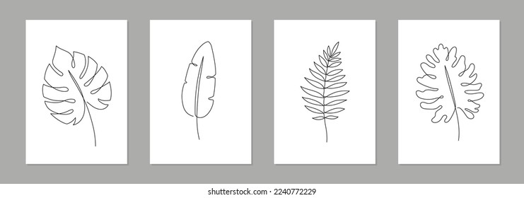 Eine Linie Kunst tropischen Blumenblattplakat. Einzelne durchgehende Monstera, Farn, Palmenblatt minimaler Design-Hintergrund. Botanische abstrakte Kunst für Druck, Tapete. Vektorgrafik