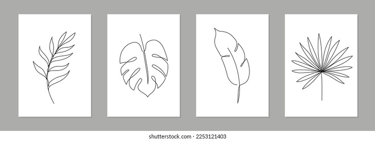One line art tropical floral leaf poster set. Single continuous line monstera, fern, palm leaf minimal design background. Botanical abstract art for print, wallpaper. Vector illustration