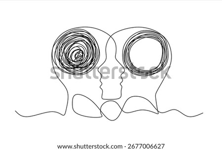 One line art of two human profiles facing each other, with a chaotic brain connecting to a calm, circular brain. Editable line. Hand drawn one line vector. 