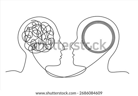 One line art of two human profiles facing each other, with a chaotic brain connecting to a calm, circular brain. Editable line. Hand drawn one line vector.	