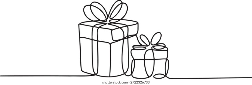 Una línea de arte de dos cajas presentes con arcos. Boceto minimalista de regalos de Navidad y celebración de aniversario. Ilustración de concepto de compras y entrega. Dibujo de una sola línea de paquetes de sorpresa festivos.
