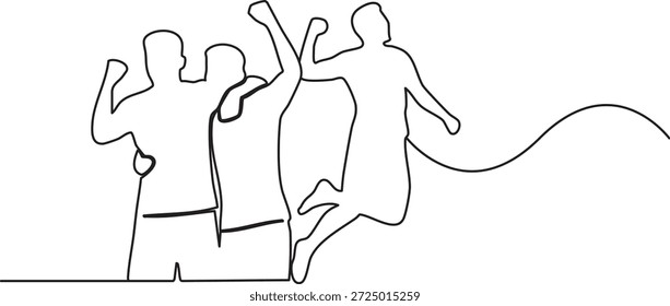 Una línea de arte de dos jugadores de fútbol saltando y celebrando un gol exitoso
