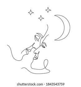 One Line Art Vector of a Couple. Face Line Art of a Couple ready to Kiss for print.
