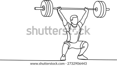 One line art vector depicting powerful athlete lifting heavy barbell overhead in full squat position symbolizing strength fitness weightlifting and athletic dedication single stroke drawing.