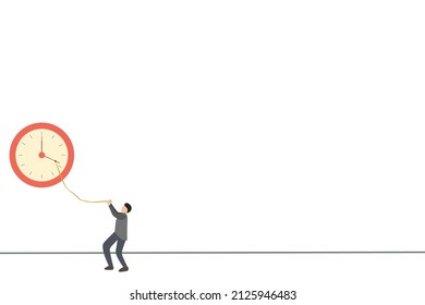 One line art Vector illustration of people are pulling clock hands, hold the time, precious time, bottom left object design for presentation, 