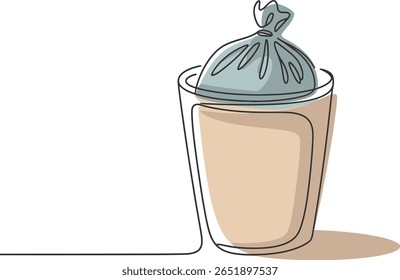 Uma arte de linha de lixeira em tons suaves representando o projeto ecológico, desenho de linha colorida minimalista da lata de lixo com saco de lixo completo