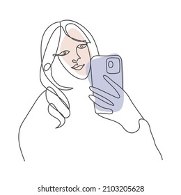 One Line Art Woman Figure Vector Drawing. Contouring Line. Abstract minimalist Face. A girl with telephone making Self photo. Two geometric shapes elements in pink, blue pastel colors.