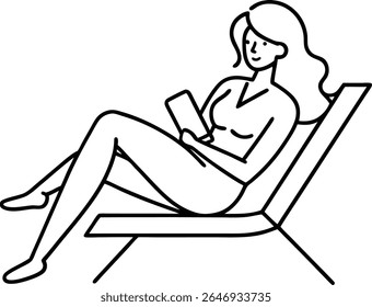 One line art of a woman lounging on a beach chair representing travel leisure and relaxation concepts for holiday illustrations tropical designs and summer marketing