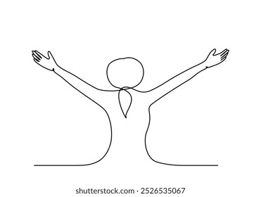 One line art of a woman standing with arms outstretched, editable stroke.