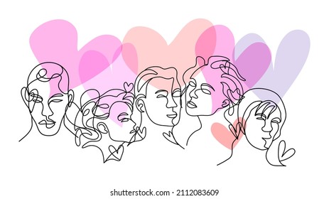 one line art of women and men face with heart. Idea for Valentine's day theme