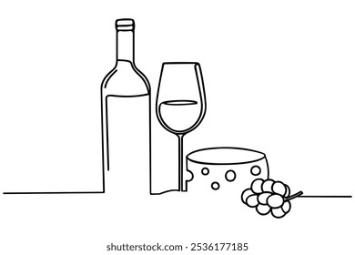 Una línea de fondo de queso y botella de vid y vidrio. Una línea continua, Vector