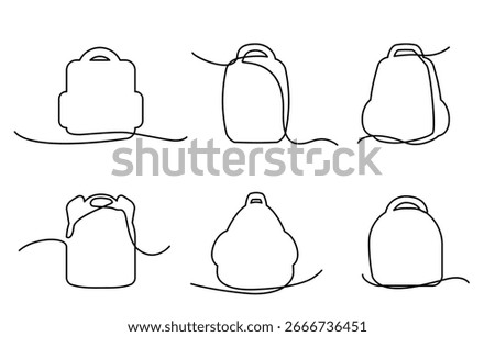 One line backpack icon. School bag continuous thin line symbol, minimalist rucksack drawing, schoolbag outline, travel knapsack or bagpack vector illustration