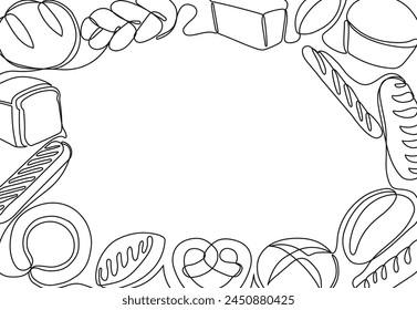 One line bakery products frame. Fresh bread, baked goods border for bakery menu design template vector illustration of bakery continuous design line