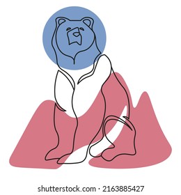 one line bear with accent spots in the form of pink mountains and a blue circle