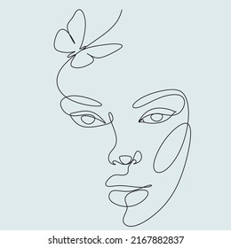One line beauty woman portrait. Hand drawn linear abstract face