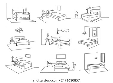 One Line Schlafzimmer Interieur. Gemütliche Matratze oder Bettmöbel Promo Designs. Minimalistische Line Art Vektorillustration Set