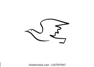 One line bird sketch, logo, decor element, dove. Tiny tattoo, modern art. Vector Illustration, clipart. Isolated on white background.