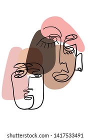 One Line Black And White Abstract, Contour Art Face Drawing Continuous Line, Contemporary Composition Collage, Aesthetic Pastel Colors. 

