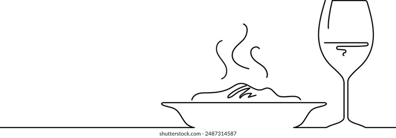 One line black and white fast drawing first course glass of wine and food plate