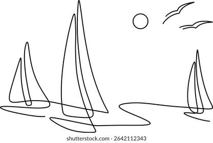 one line of boats with sails on the waves of the sea