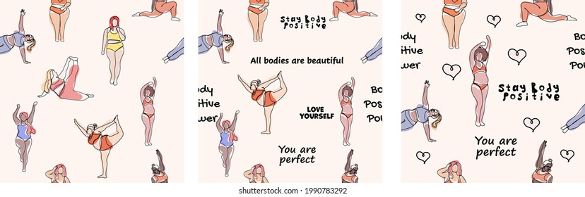 Un conjunto de patrones sin soldadura de una línea bodypositivo. Concepto positivo corporal. Las chicas más grandes felices están de pie haciendo yoga. Diferentes figuras, muchachas multinacionales positivas del cuerpo. Ilustración de dibujo manual