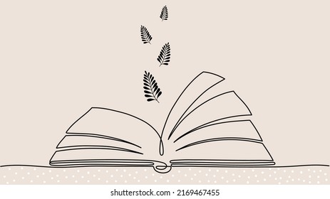 One line book design. Opened notebook and flying leaves or branches silhouettes. School education, online library reading vector concept. Simple trendy background