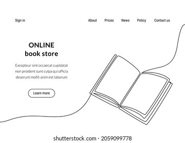 one line book. Web site template with trendy continuous line book graphic, minimalistic doodle hand drawn sketch. Vector illustration