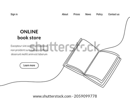 one line book. Web site template with trendy continuous line book graphic, minimalistic doodle hand drawn sketch. Vector illustration