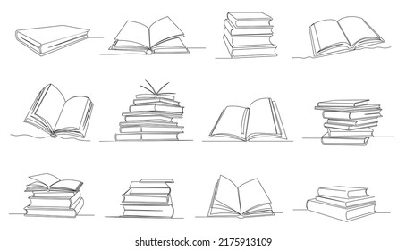 One line books. Open book with flying pages, knowledge piles and library single continuous outline vector Illustration set. Stack of textbooks for business and education. Objects for learning