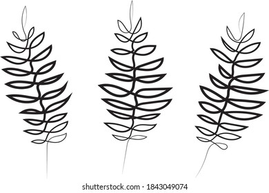 One line botanical art. Three abstract leaves outline contour drawing
