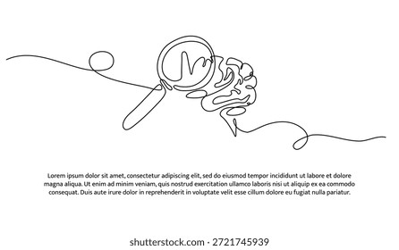 Uma linha de exame do cérebro usando uma lupa. Linha contínua mínima abstrata isolada sobre fundo branco.